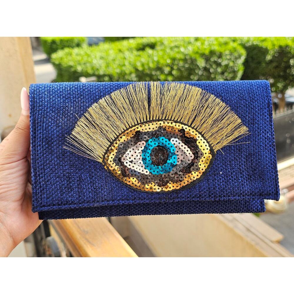 Handmade Evil Eye Clutch – Blue Sequin Design, Egyptian Fabric, Crossbody Bag